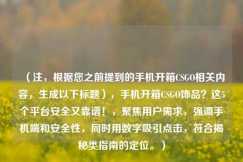 （注，根据您之前提到的手机开箱CSGO相关内容，生成以下标题），手机开箱CSGO饰品？这5个平台安全又靠谱！，聚焦用户需求，强调手机端和安全性，同时用数字吸引点击，符合揭秘类指南的定位。）