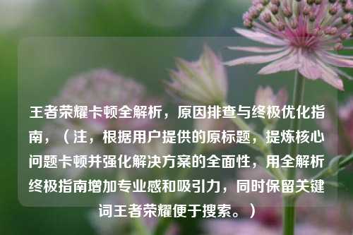 王者荣耀卡顿全解析，原因排查与终极优化指南，（注，根据用户提供的原标题，提炼核心问题卡顿并强化解决方案的全面性，用全解析终极指南增加专业感和吸引力，同时保留关键词王者荣耀便于搜索。）