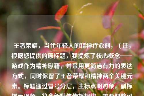 王者荣耀，当代年轻人的精神疗愈剂，（注，根据您提供的原标题，我提炼了核心概念——游戏作为精神慰藉，并采用更简洁有力的表达方式，同时保留了王者荣耀和精神两个关键元素。标题通过冒号分层，主标点明对象，副标揭示现象，符合新媒体传播规律。需要调整可随时告知。）